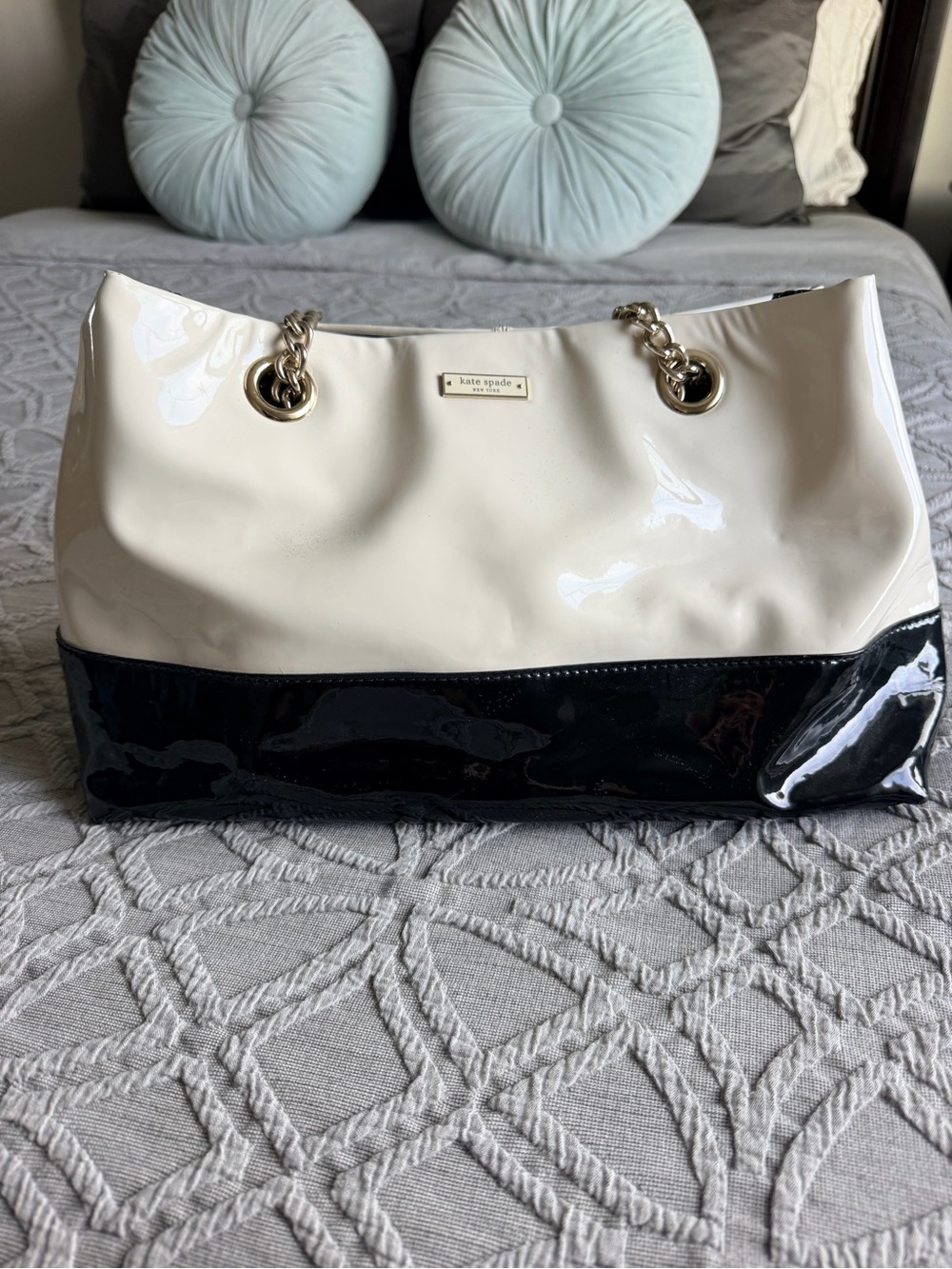 kate spade Two-Tone Cream and Black Patent Tote with Chain Handles